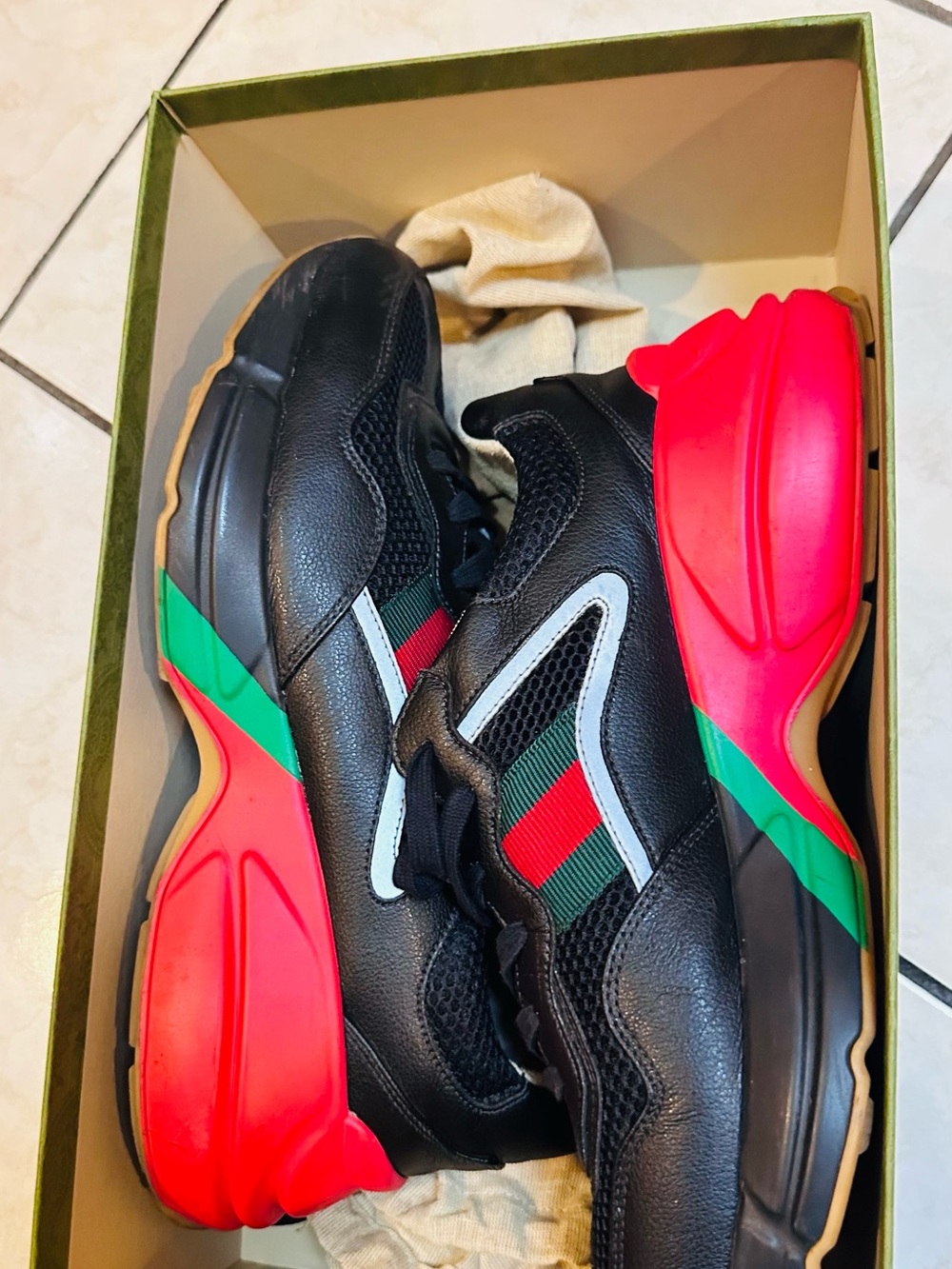 Gucci Black Sneakers with Red & Green Stripe and Red Soles